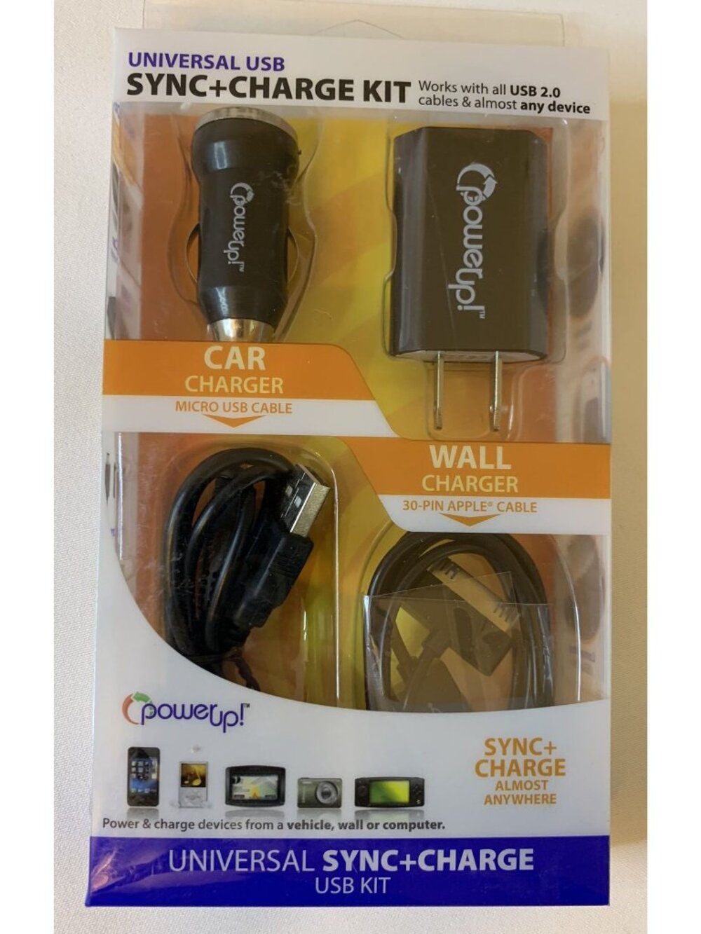 PowerUp Universal USB Sync Charge Kit Micro USB 30-Pin Car Wall Chargers NEW